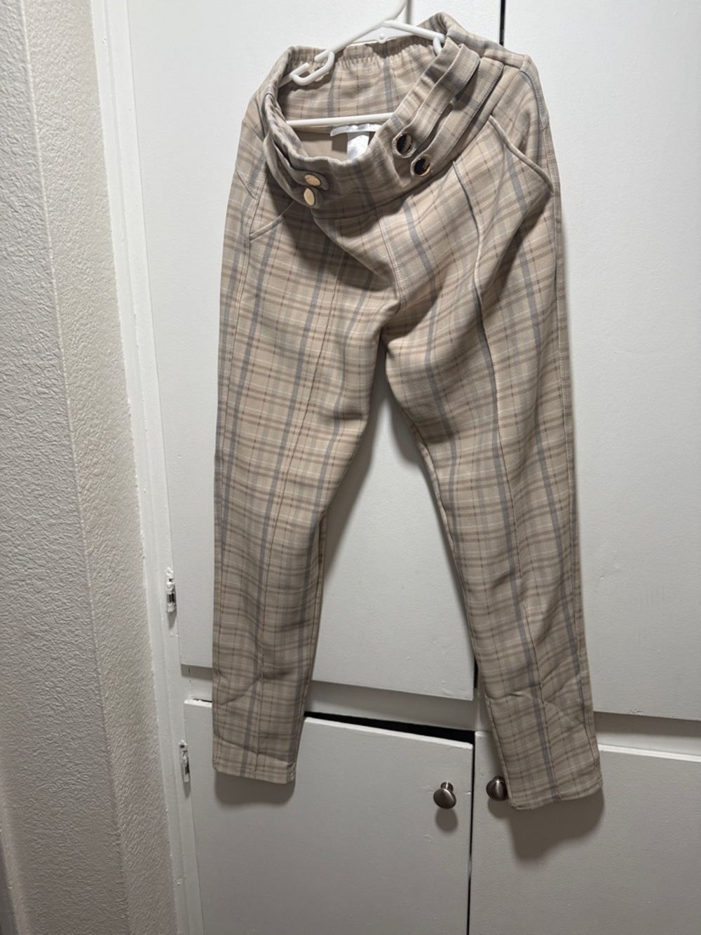 Harper Beige Plaid Chinos with High Waist Button Detail